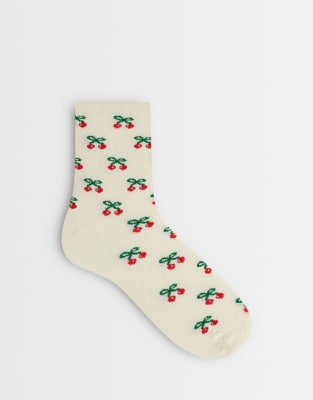 Vero Moda Cherry Print Ankle Socks In Neutral