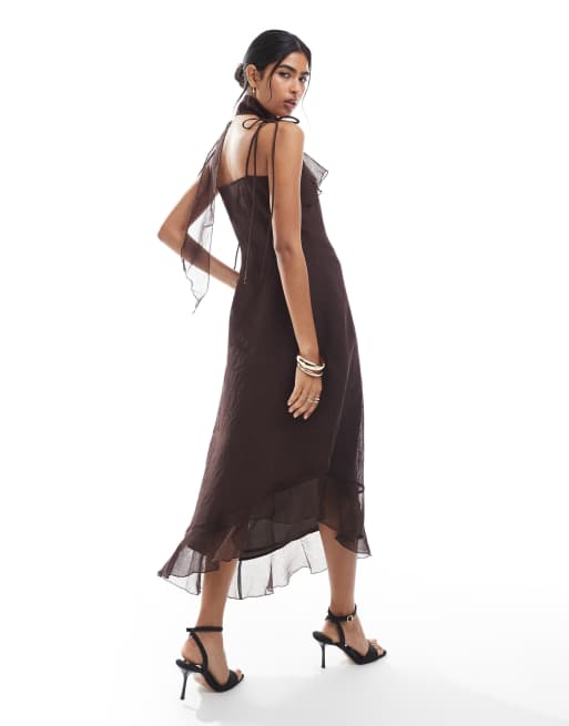 Vero Moda chiffon asymmetric hem ruffle dress with scarf detail in chocolate