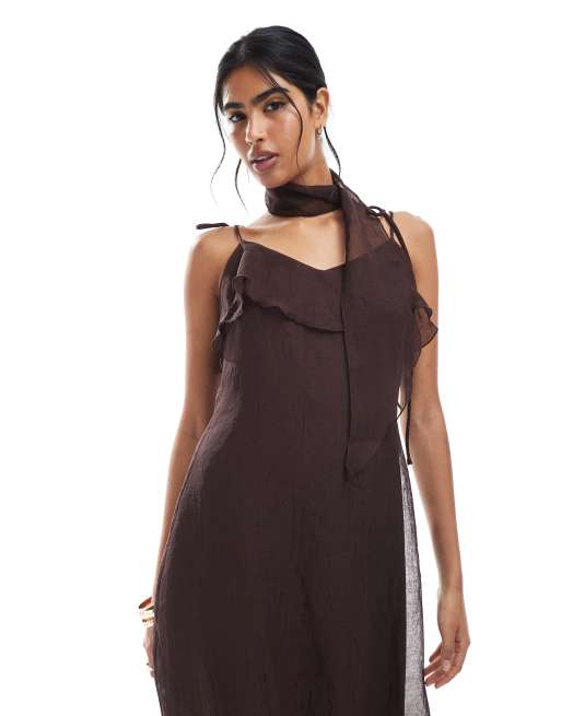 Vero Moda chiffon asymmetric hem ruffle dress with scarf detail in chocolate