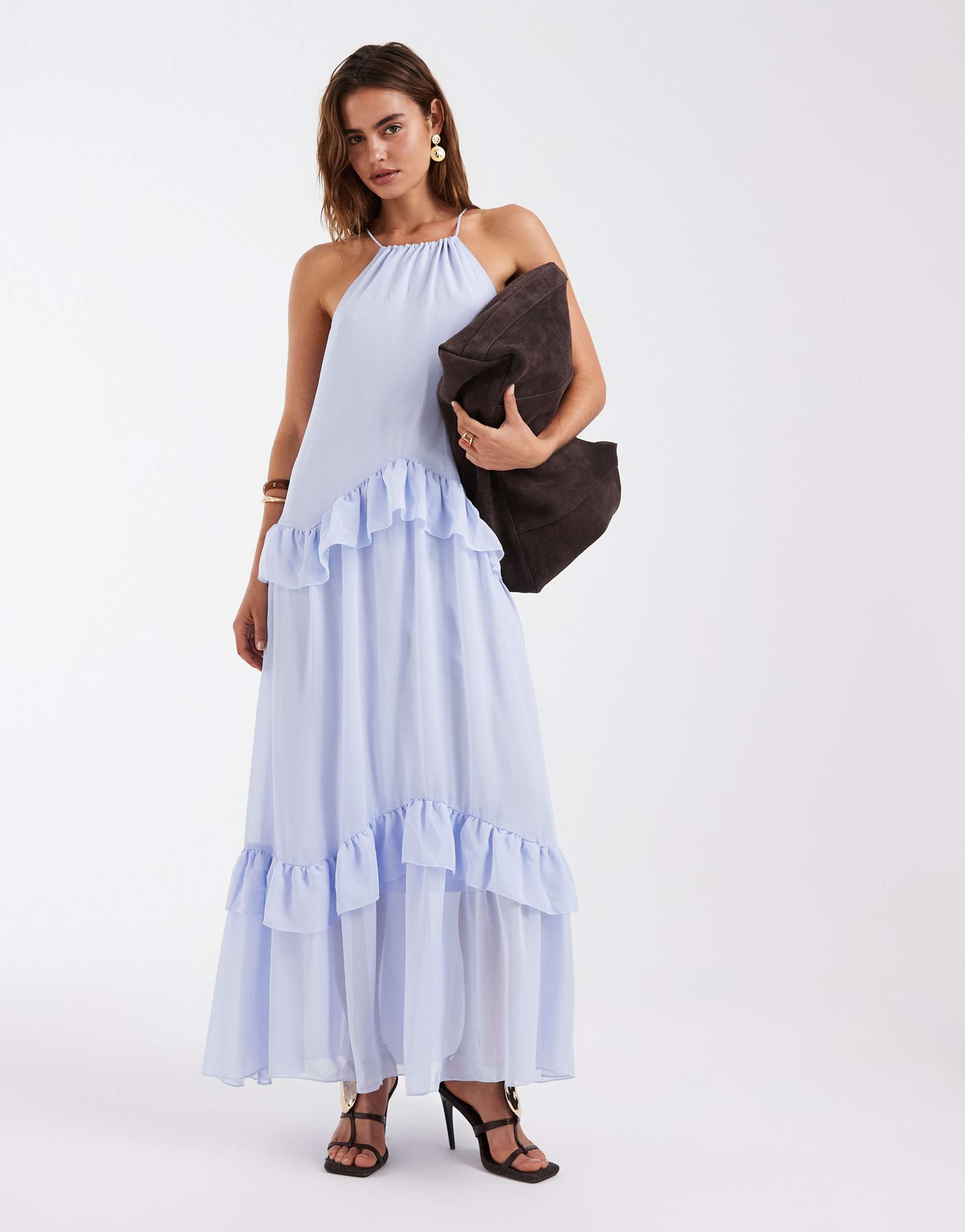 vero moda chiffon halter neck maxi dress with ruffle trim in lavender blue