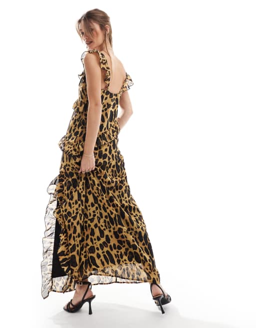 Vero Moda – Chiffon-Maxikleid in Natur mit Rüschen und Leopardenmuster, 2 von 4
