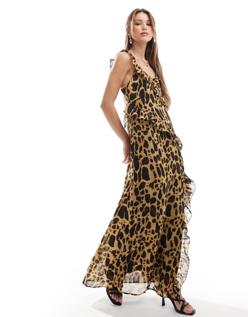 Vero Moda – Chiffon-Maxikleid in Natur mit Rüschen und Leopardenmuster, 4 von 4