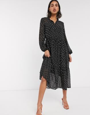 Vero Moda chiffon midi shirt dress in black check print | ASOS