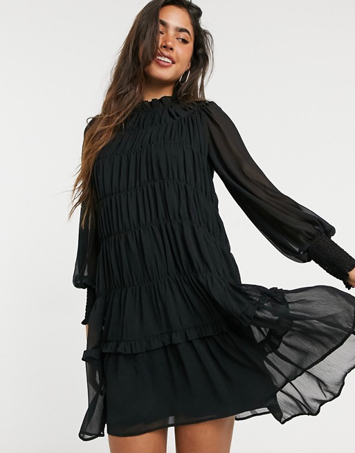 Vero Moda chiffon mini dress with high neck and tier detail in black