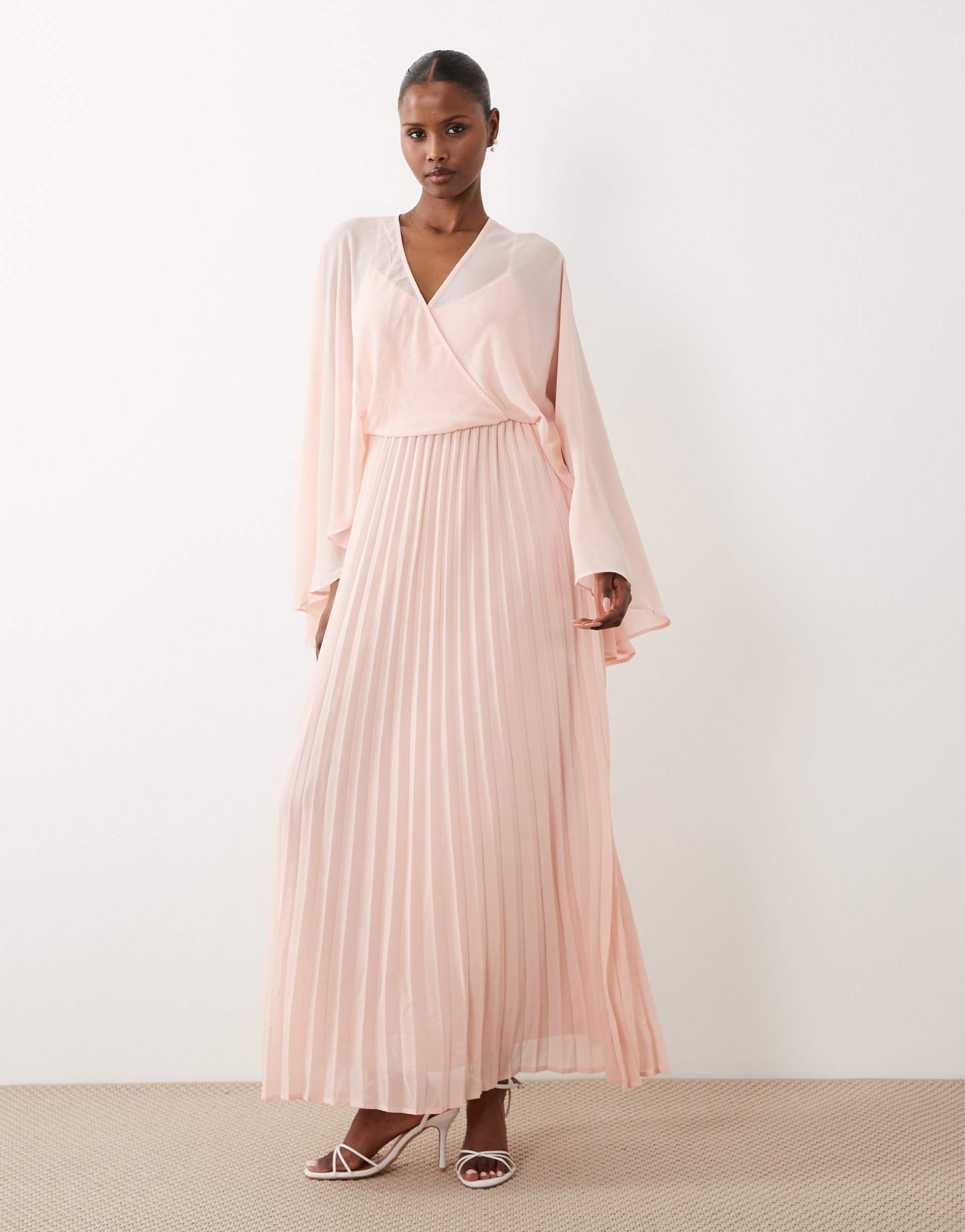 vero moda chiffon plunge front cape sleeve detail maxi dress in rose pink