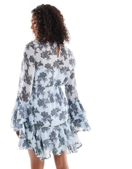 Vero Moda chiffon ruffle sleeve boho mini dress in blue floral print, 4 of 4