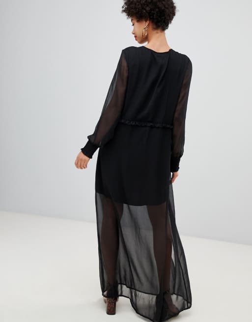 Vero Moda chiffon sheer maxi dress with cuff detail in black, 2 of 4