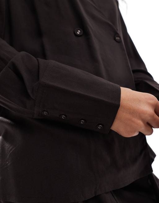 Vero Moda – Chokladbrun, dubbelknäppt skjorta i satin, del av set, 3 av 4