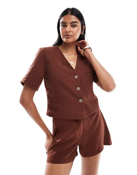 Vero Moda – Chokladbrun, kort kavaj med korta ärmar och linnekänsla, del av set - view 1