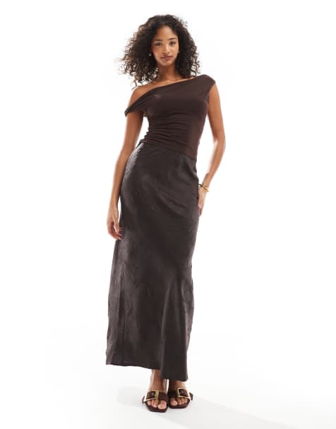 Vero Moda – Chokladbrun maxikjol i krinklad satin - view 1
