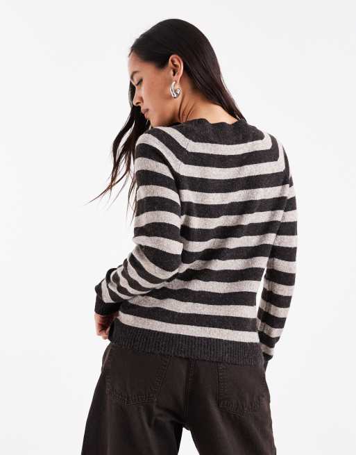 Vero Moda – Chokladbrun och beigemelerad, randig tröja i stickad design med rund halsringning, 2 av 4