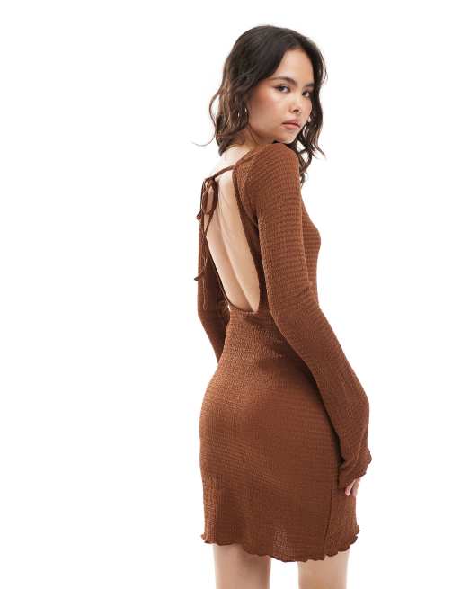 Vero Moda - Chokoladebrun minikjole med tekstur og trompetærmer, 4 af 4