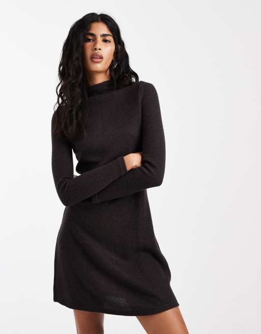 Vero Moda - Chokoladebrun ribstrikket minikjole med ståkrave, 2 af 4