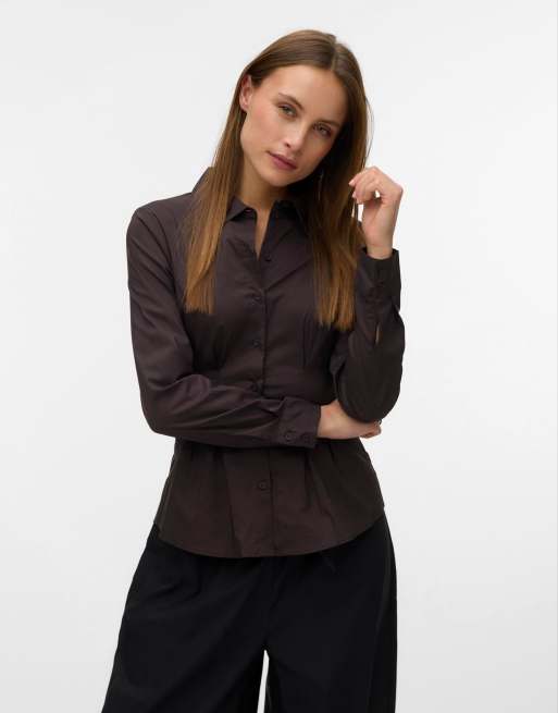 Vero Moda - Chokoladebrun skjorte i poplin, 3 af 4