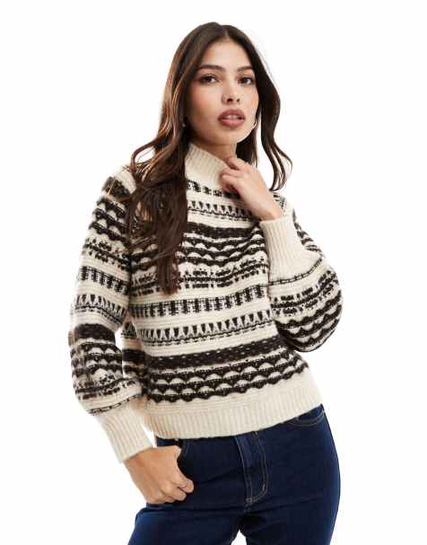Vero Moda chunky fairisle jumper in brown and cream - view 1