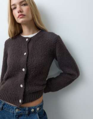 Vero Moda Chunky Knit Cardigan With Diamante Buttons In Brown