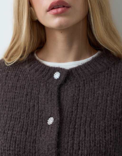 Vero Moda chunky knit cardigan with diamante buttons in chocolate brown, 2 of 4