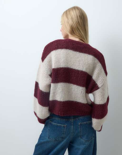 Vero Moda chunky knit v-neck cardigan in burgundy and cream stripe, 3 of 4