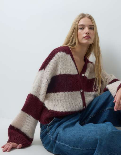 Vero Moda chunky knit v-neck cardigan in burgundy and cream stripe, 4 of 4