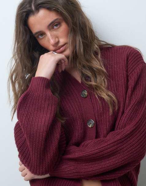 Vero Moda chunky rib round neck cardigan in burgundy - view 1