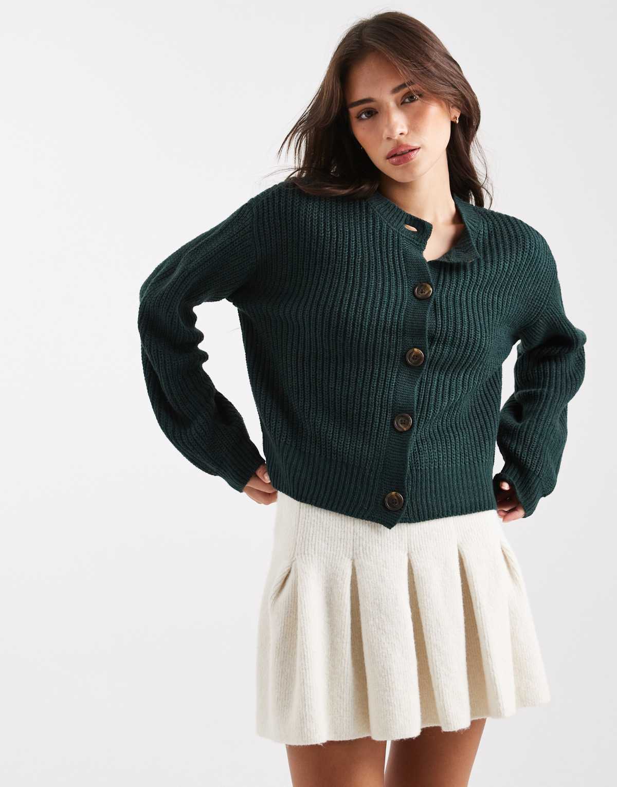 Vero Moda chunky rib round neck cardigan in pine green