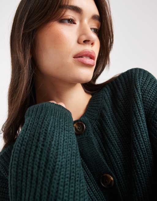 Vero Moda chunky rib round neck cardigan in pine green, 4 of 4
