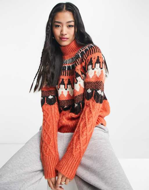 Vero Moda – Ciemnopomarańczowy dzianinowy sweter w skandynawski wzór
