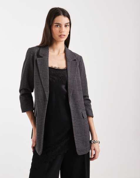 Vero Moda oversized texture ruched sleeve blazer in dark grey melange