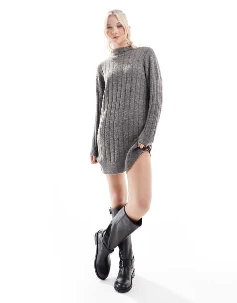 Vero Moda – Ciemnoszara melanżowa sukienka mini oversize z prążkowanej dzianiny - view 1