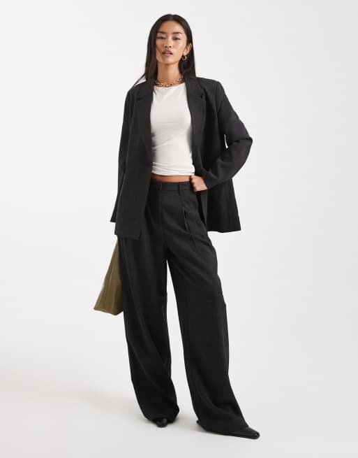 Vero Moda – Ciemnoszare melanżowe eleganckie spodnie z szerokimi nogawkami z zakładkami z przodu, część zestawu