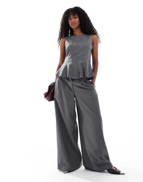 Vero Moda – Ciemnoszary elegancki zestaw: top z baskinką i spodnie - view 1