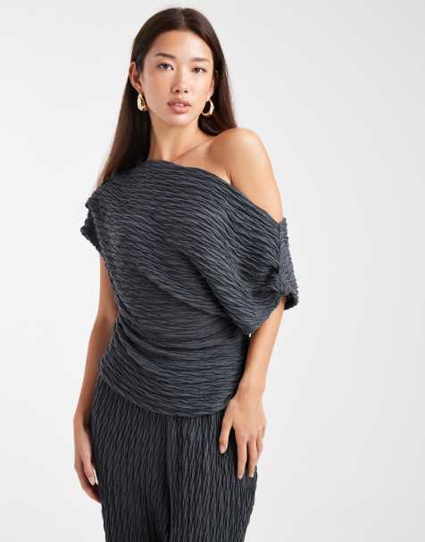 Vero Moda textured jersey off shoulder drapey top co-ord in asphalt grey