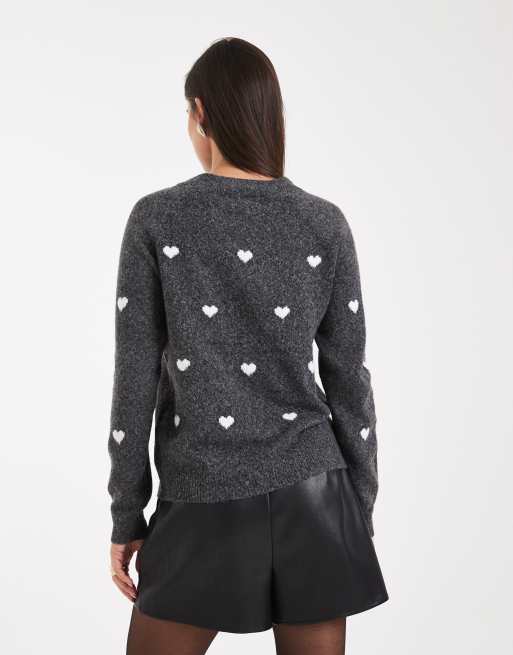 Vero Moda – Ciemnoszary melanżowy miękki sweter z okrągłym dekoltem ze wzorem w serca, 4 z 4