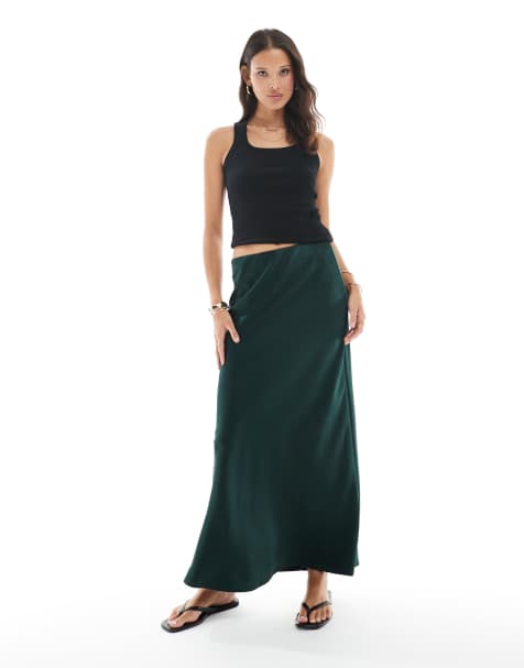 Vero Moda satin bias midi skirt in emerald green