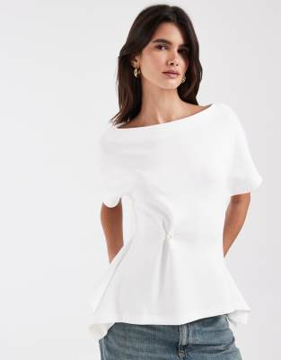 Vero Moda Cinched Waist T-shirt With Pearl Detail In White