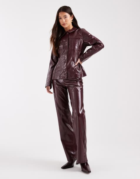 Vero Moda cinched waist vinyl jacket and high waist pants set in burgundy - view 1