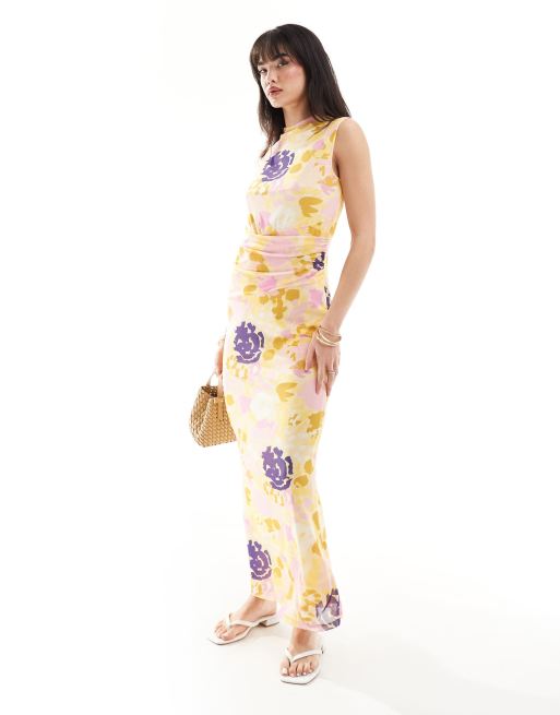 Vero Moda – Citrongul, blommig, ärmlös maxiklänning med hög ringning i mesh