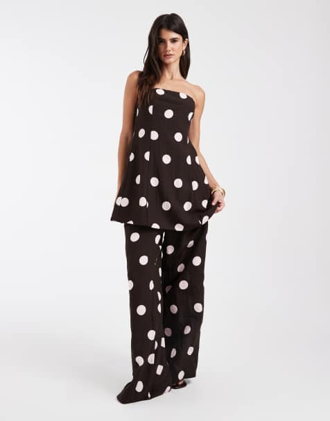 Vero Moda - Co-ord set met broek met hoge taille en bandeau-top in chocoladebruin met stippen - view 1