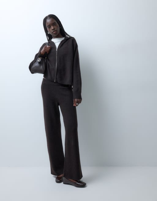 Vero Moda co-ord set met ritssluiting vooraan en gebreide hoodie in chocoladebruin gemêleerd, 2 van 4