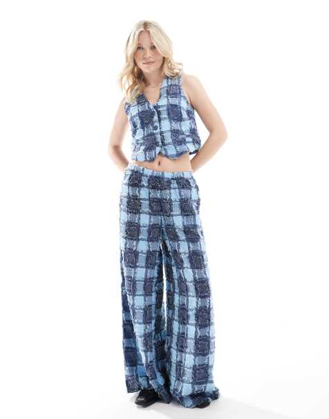 Vero Moda - Co-ord set van geruit cropped gilet met textuur en broek met wijde pijpen van denim mix in blauw - view 1