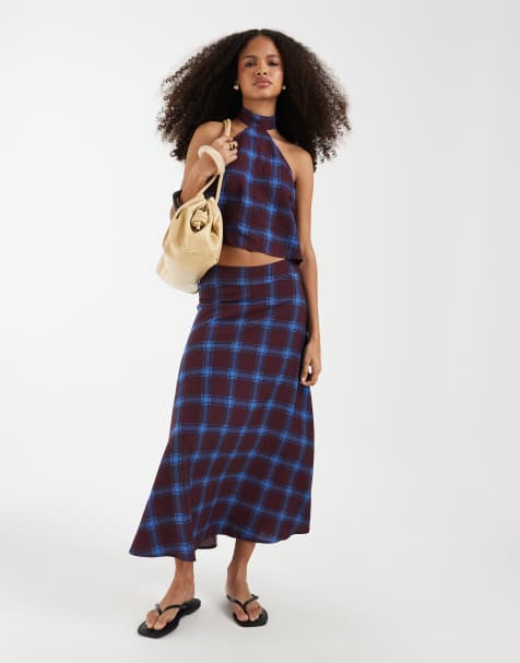Vero Moda - Co-ord set van geruite top met halternek en maxi rok in blauw - view 1
