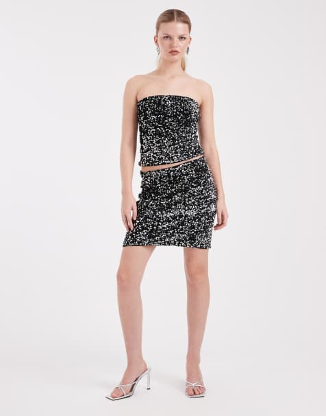 Vero Moda - Co-ord set van getextureerde bandeau top met lovertjes en minirok in zwart en zilver - view 1