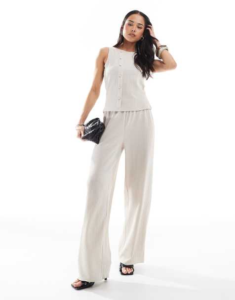 Vero Moda - Co-ord set van jersey met asymmetrische top en broek met wijde pijpen in beige - view 1