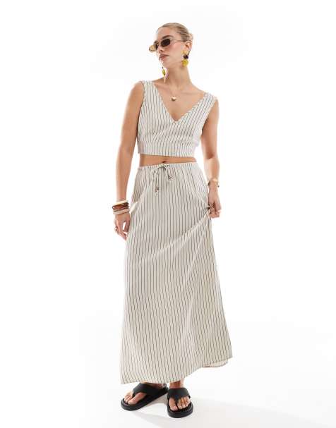Vero Moda - Co-ord set van linnenachtige gestreepte crop top en maxi rok in stone - view 1