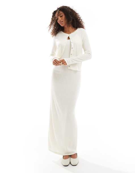 Vero Moda - Co-ord set van zachte geribbelde cami-jurk en vest in gemêleerd crème - view 1