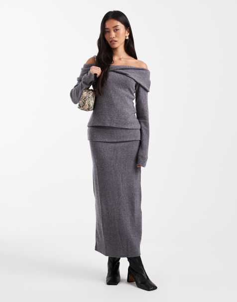 Vero Moda - Co-ord set van zachte top met lange mouwen en blote schouder en midirok met omgeslagen tailleband in gemêleerd grijs - view 1