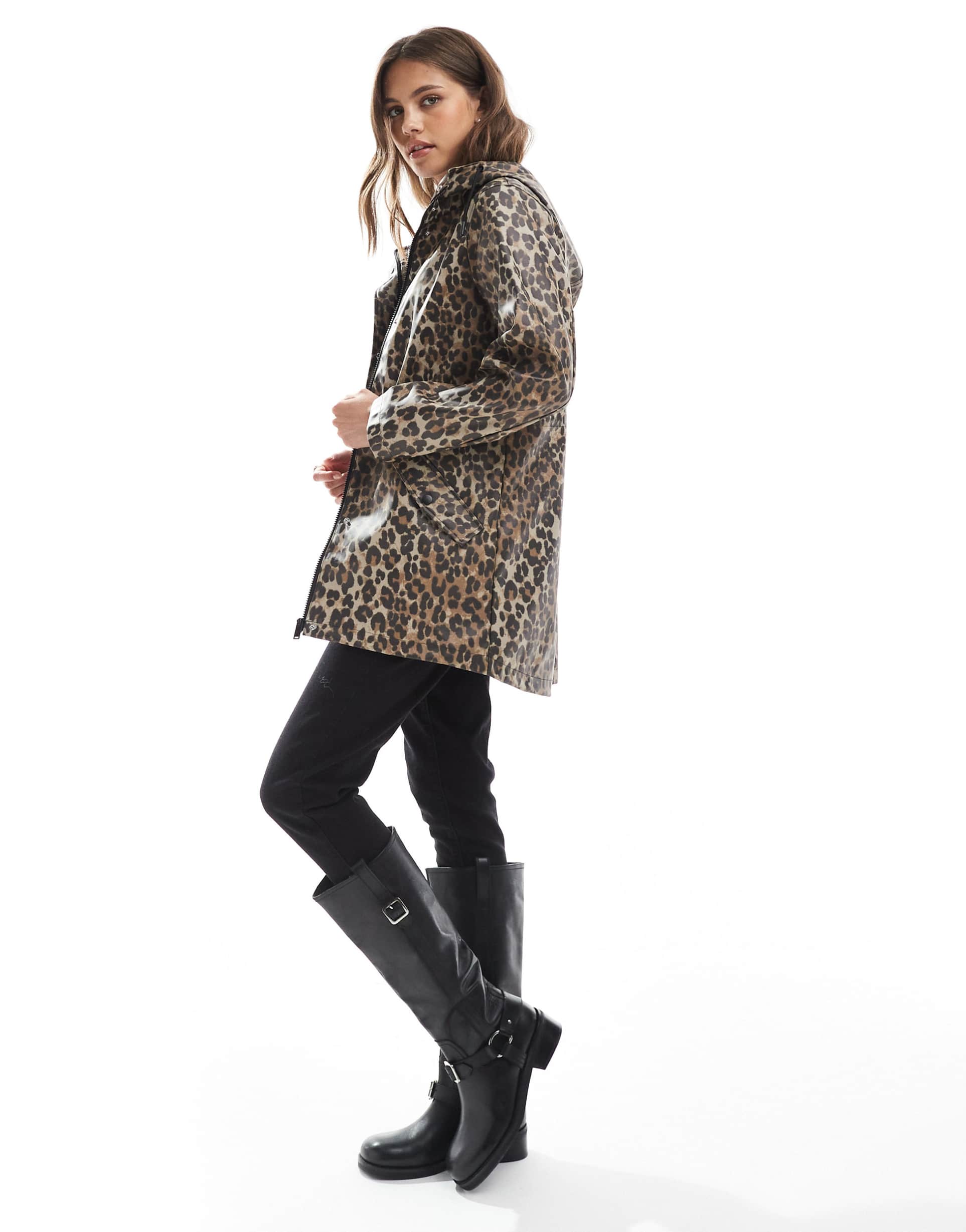 vero moda coated rain jacket with hood in leopard print