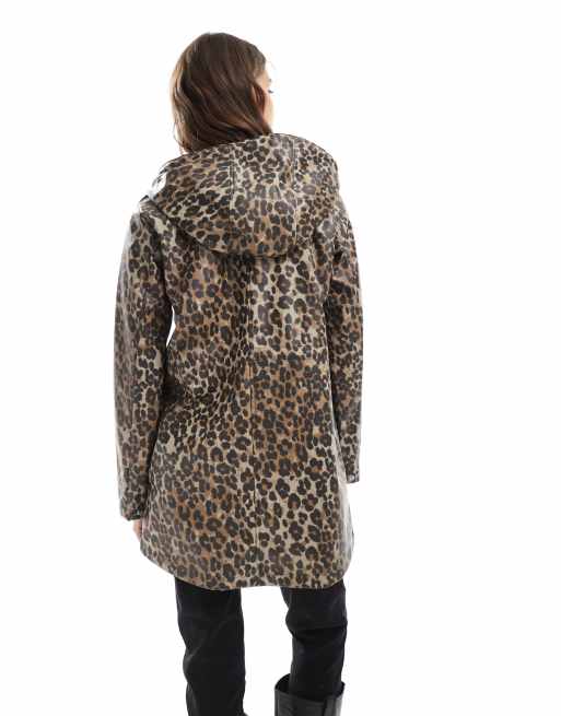 Vero Moda coated rain jacket with hood in leopard print