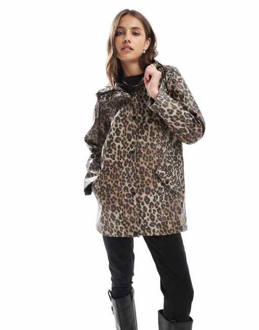 Vero Moda coated rain jacket with hood in leopard print