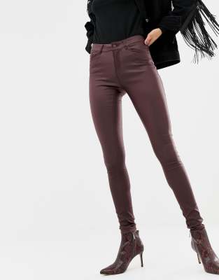 burgundy coated skinny jeans